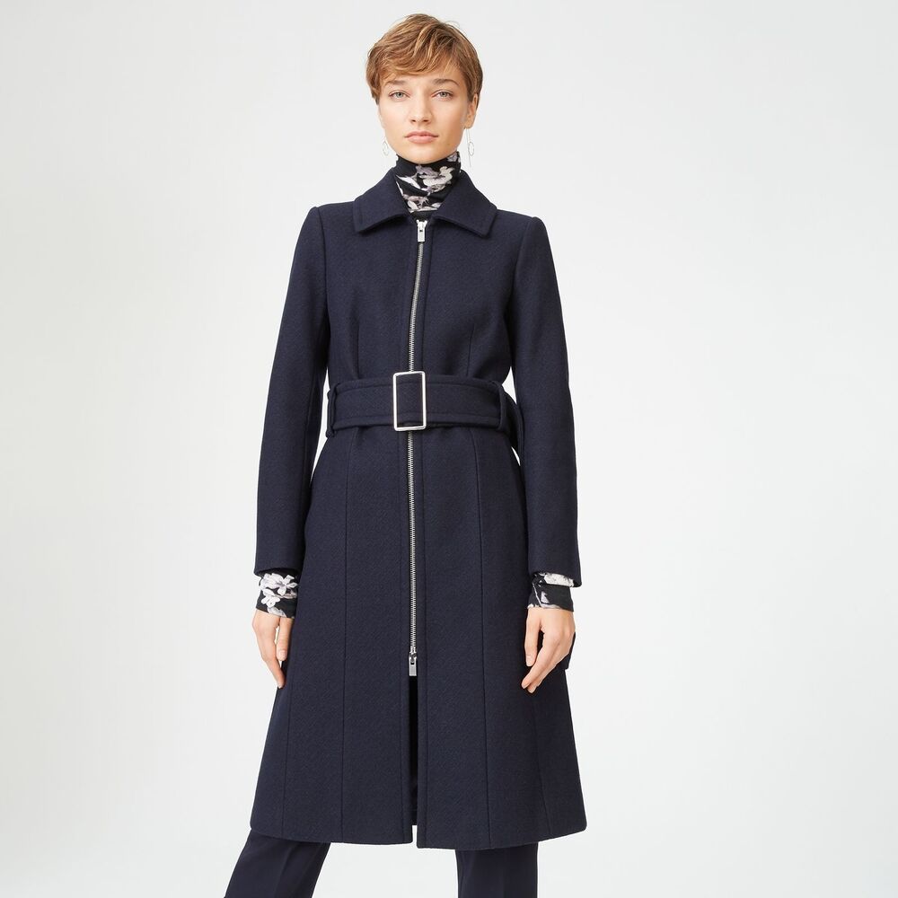 New Club Monaco Womens Vittoriah Coat Overcoat Zip Wool Blend Belt Navy Blue XS